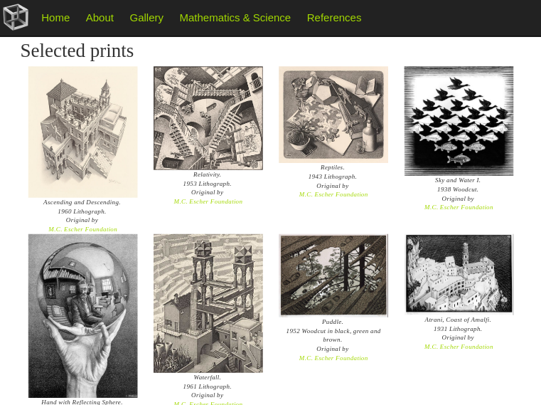 Desktop view of my tribute page for M.S. Escher